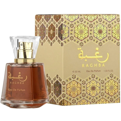 Frasco de perfume RAGHBA com embalagem decorada