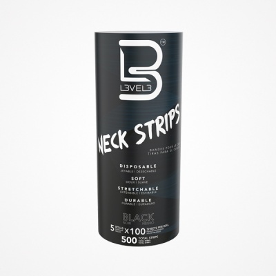 Embalagem cilíndrica preta BVELB Neck Strips com texto branco e detalhes do produto