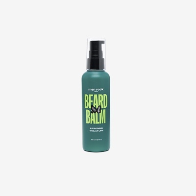 Frasco azul esverdeado de bálsamo para barba com tampa preta e rótulo verde com texto em amarelo e branco.