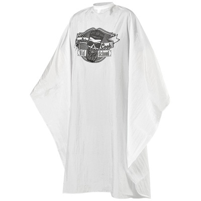 Penteador branco com logótipo preto e branco com rosto e texto central