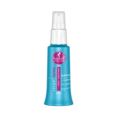 Frasco azul com tampa de spray e texto rosa e branco da marca Haskell