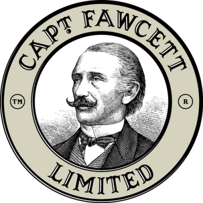 Logótipo circular com homem ilustrado e texto Capt Fawcett Limited.