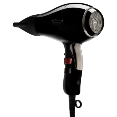 Secador de cabelo preto com botão vermelho e grelha prateada