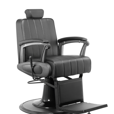 Cadeira de barbeiro preta com estofos em couro sintético e apoio para os pés