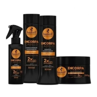 Conjunto de produtos para cabelo Haskell Encorpa Cabelo em frascos pretos com rótulos laranja