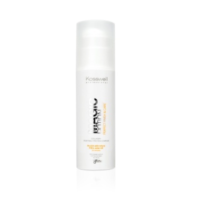 Frasco de produto capilar Kosswell Reflective Platinum Hair Booster branco com texto preto e laranja
