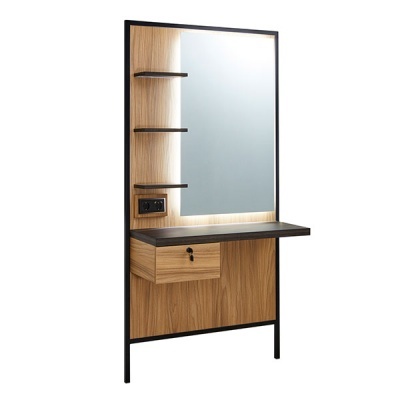Móvel de maquilhagem com painel de madeira, espelho e prateleiras