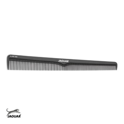 Pente preto de plástico com dentes finos e largos, texto JAGUAR, fundo branco