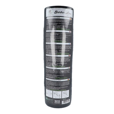 Embalagem preta cylindrical do produto Barber Line com texto e instruções