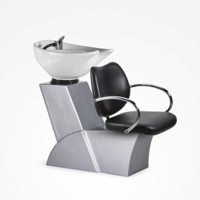 Cadeira de cabeleireiro preta com lava-cabeça branco