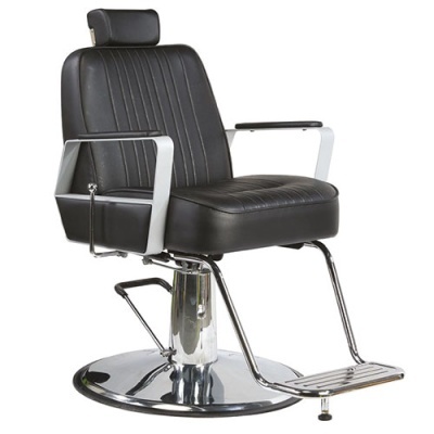 Cadeira de barbeiro preta com base metálica cromada e apoio para pés
