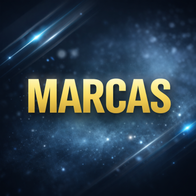 Fundo azul escuro com estrelas e texto dourado MARCAS