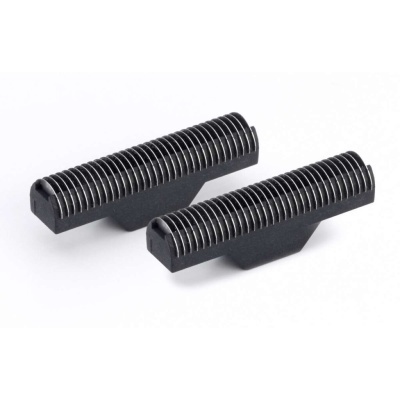 Conjunto de duas lâminas de barbear metálicas e base preta