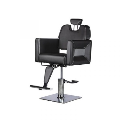 Cadeira preta de barbearia com base metálica e apoio de cabeça