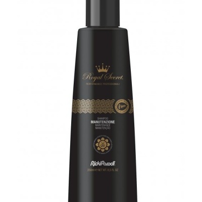 Frasco preto de champô Royal Secret com texto dourado, tampa preta e capacidade de 250 ml