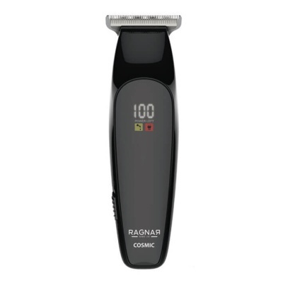 Aparelho de barbear preto com visor digital '100' e texto RAGNAR COSMIC.