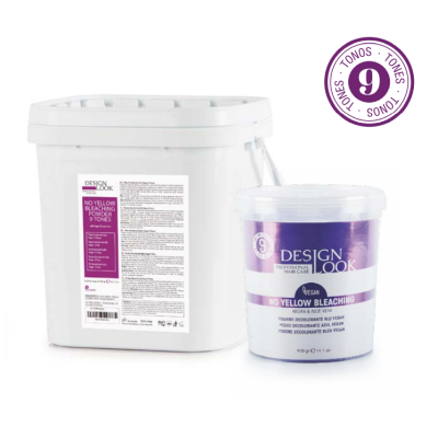 Pacote duplo de produtos para cabelo DESIGN LOOK com etiqueta roxa e texto sobre 'No Yellow Bleaching' e '9 Tons'.