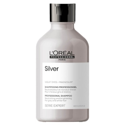 Frasco branco de champô profissional L'Oréal Silver com tampa preta