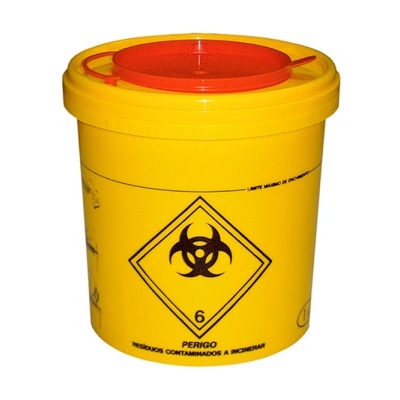 Recipiente amarelo para resíduos contaminados com sinal de perigo biológico