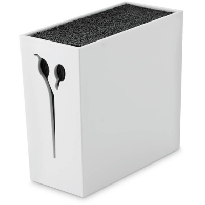 Organizador de talheres branco com suporte preto e recorte lateral em forma de folhas