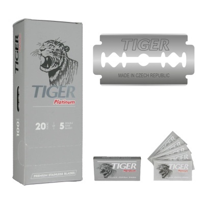 Lâminas de barbear Tiger Platinum com caixa cinza e ilustração de tigre