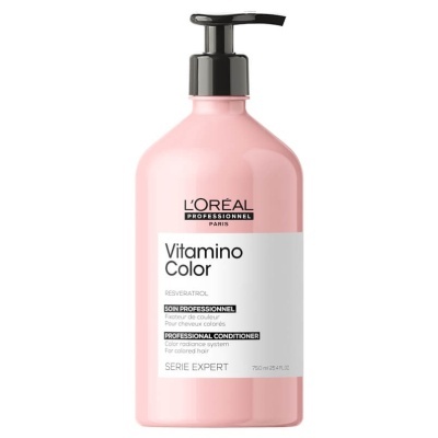 Frasco rosa de condicionador Vitamino Color L'Oréal com tampa doseadora preta