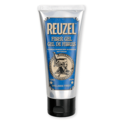 Tubo de gel de fibras REUZEL azul e prateado com texto branco e dourado