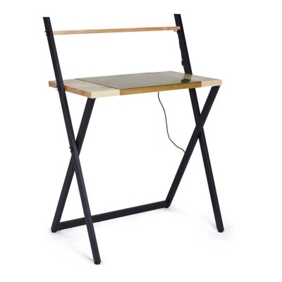 Escrivaninha de madeira clara e metal preto com detalhe de vidro e cabo elétrico