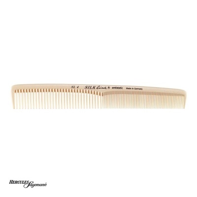 Pente creme com texto preto e dentes de diferentes larguras