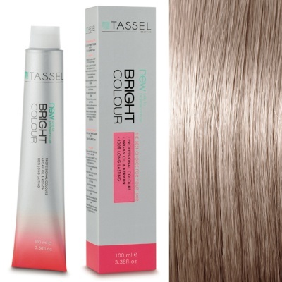 Tubo e caixa do tintura para cabelo TASSEL Bright Colour e uma amostra de cabelo loiro claro.