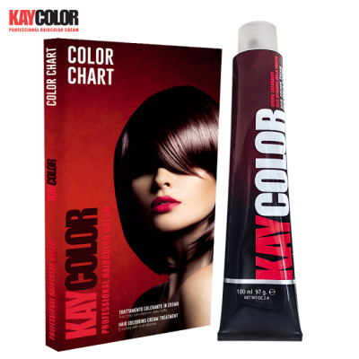 Tubos e embalagem de cor de cabelo KayColor em vermelho, preto e branco