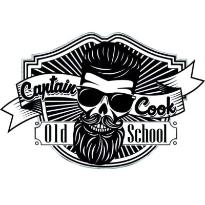 Logótipo preto e branco com crânio estilizado e texto Captain Cook Old School