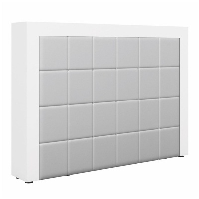 Cabeceira de cama branca com almofadas em tecido cinza claro num padrão quadrado