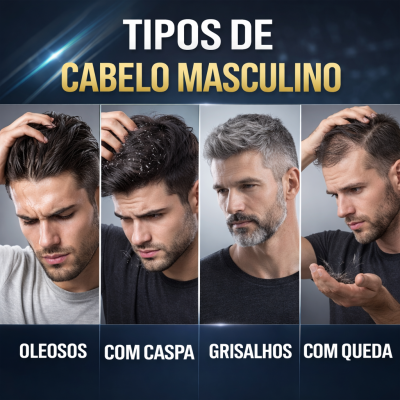Homens com tipos diferentes de cabelo: oleosos, com caspa, grisalhos e com queda
