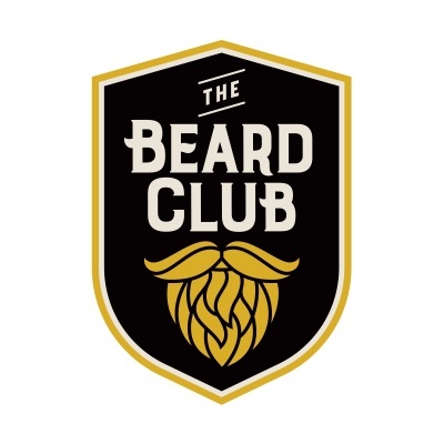 Logótipo escudo preto com texto THE BEARD CLUB e bigode e barba dourados