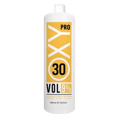Frasco branco plástico OXY PRO VOL 30 9% 1000ml com rótulo amarelo e preto.