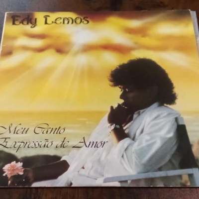 Capa de disco vinil com pessoa vestindo branco ao pôr do sol e flor cor-de-rosa