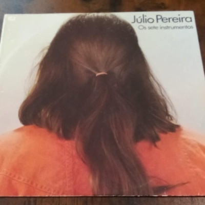 Capa de disco Júlio Pereira Os sete instrumentos com pessoa de costas e camiseta laranja