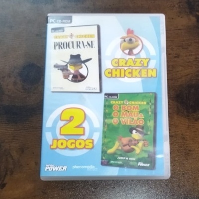 Capa de CD-ROM PC com jogos Crazy Chicken e imagens do personagem galinha cartoon