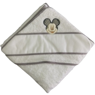 Toalha de banho branca para bebé com bordas cinzentas e bordado do Mickey Mouse