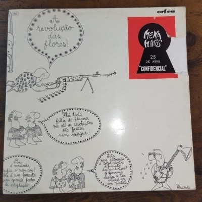 Capa de disco de vinil com ilustrações e texto sobre revolução e política