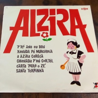 Capa de disco de vinil com texto ALZIRA em vermelho e desenho de criada