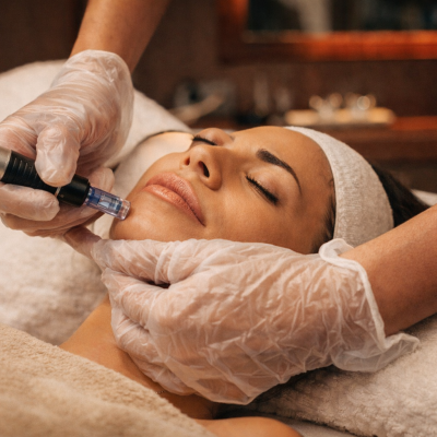 Pessoa recebendo tratamento facial com dispositivo eletrônico e mãos enluvadas.