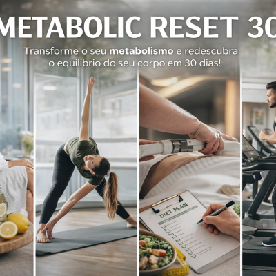 Programa Metabolic Reset 30 com exercícios, relaxamento, tratamento corporal e plano alimentar visualizado.