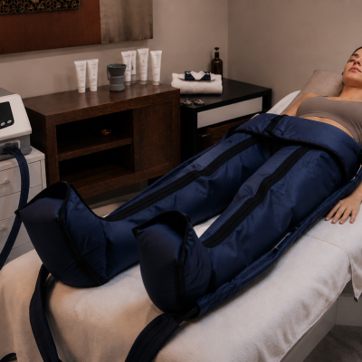 Máquina de pressoterapia com manguitos azuis em mulher deitada num spa