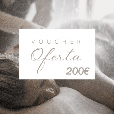 Voucher branco com texto Oferta 200€ sobre imagem de pessoa a receber massagem.