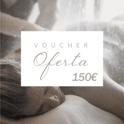 Mulher a receber massagem com voucher de oferta de 150€ sobreposto