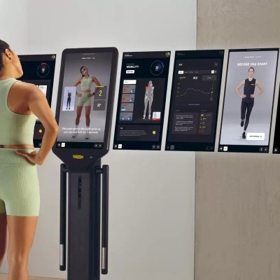 Pessoa em roupa desportiva verde claro a usar equipamento de fitness com ecrã digital grande em ambiente interior