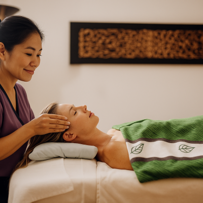 Terapeuta a fazer massagem na cabeça de cliente deitada numa cama de massagens com manta verde e branca