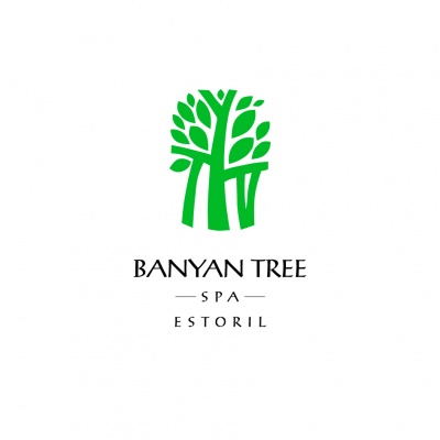 Logotipo com árvore verde e texto BANYAN TREE SPA ESTORIL em preto